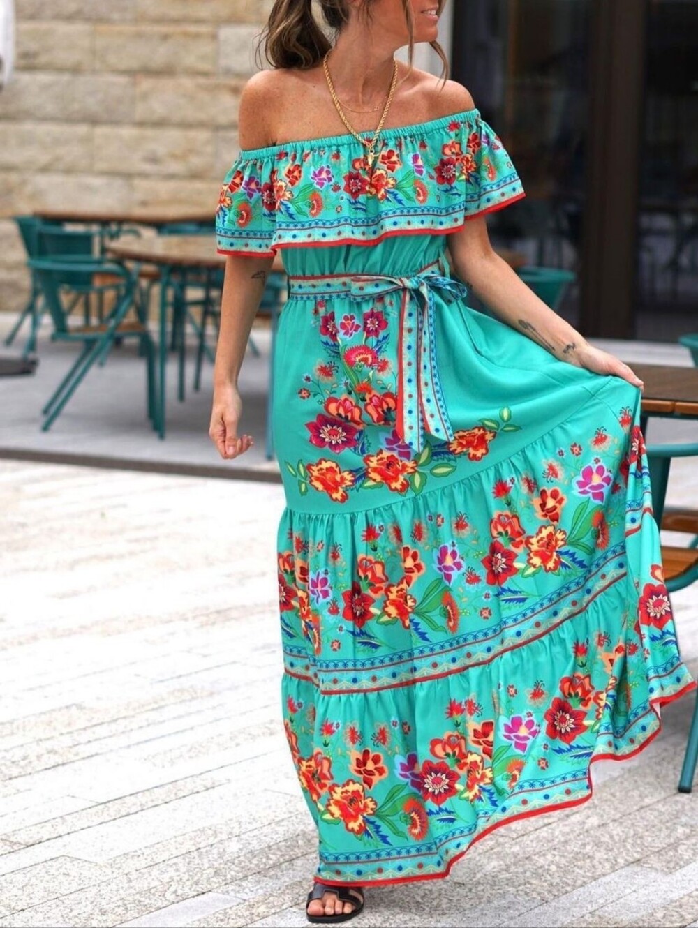Summer Blossom Ruffle Maxi - Turquoise